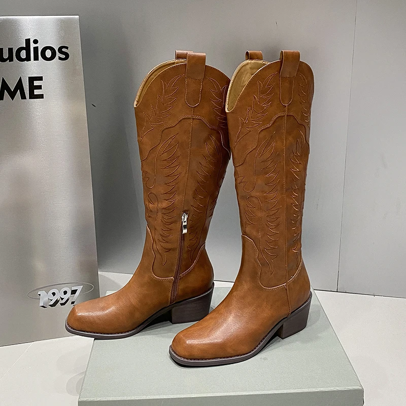 

Vintage Western Boots For Women Autumn Winter Hot Fashion Pointed Toe Roma Mid Calf Boots Embroidery Western Cowgirl Boots
