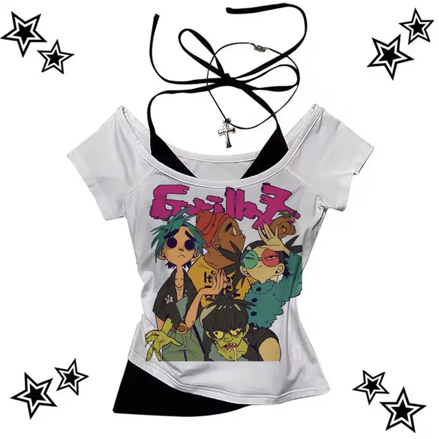 Gorillaz t-shirt femme confortable hip hop années 2000 université t-shirt à la mode années 2000 anime psychédélique esthétique 1