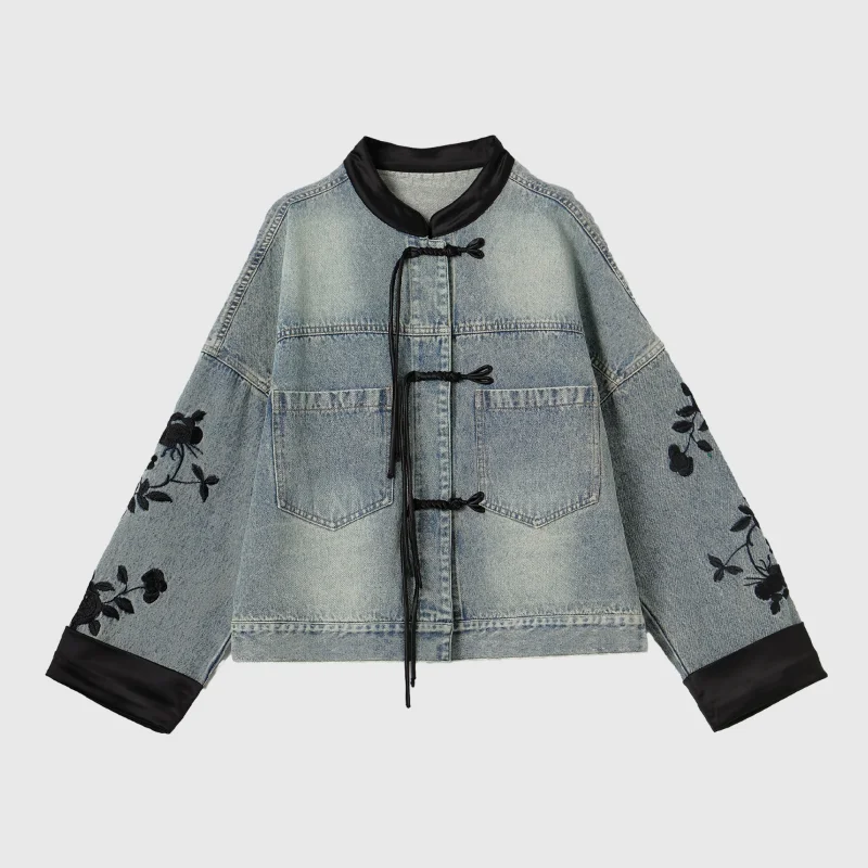 New Chinese Style Stand Collar Denim Jackets 2025 Spring