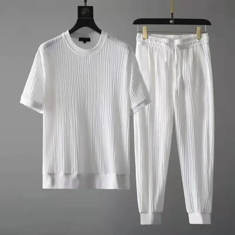 Summer Casual Suit Men's 2025 New Round Neck Elastic Breathable Pleated Short-sleeved Nine-point Pants Thin One Set Sf3ea5f0f4a4f47ed836db1c6a594165cS