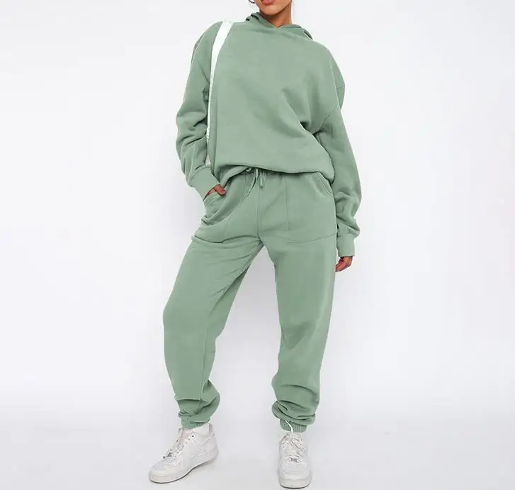 Women's Pants Suit 2023 Sports Style Solid Color Hooded Long-Sleeved Sweatshirt and Casual Pocket Design Drawstring Pants Suit