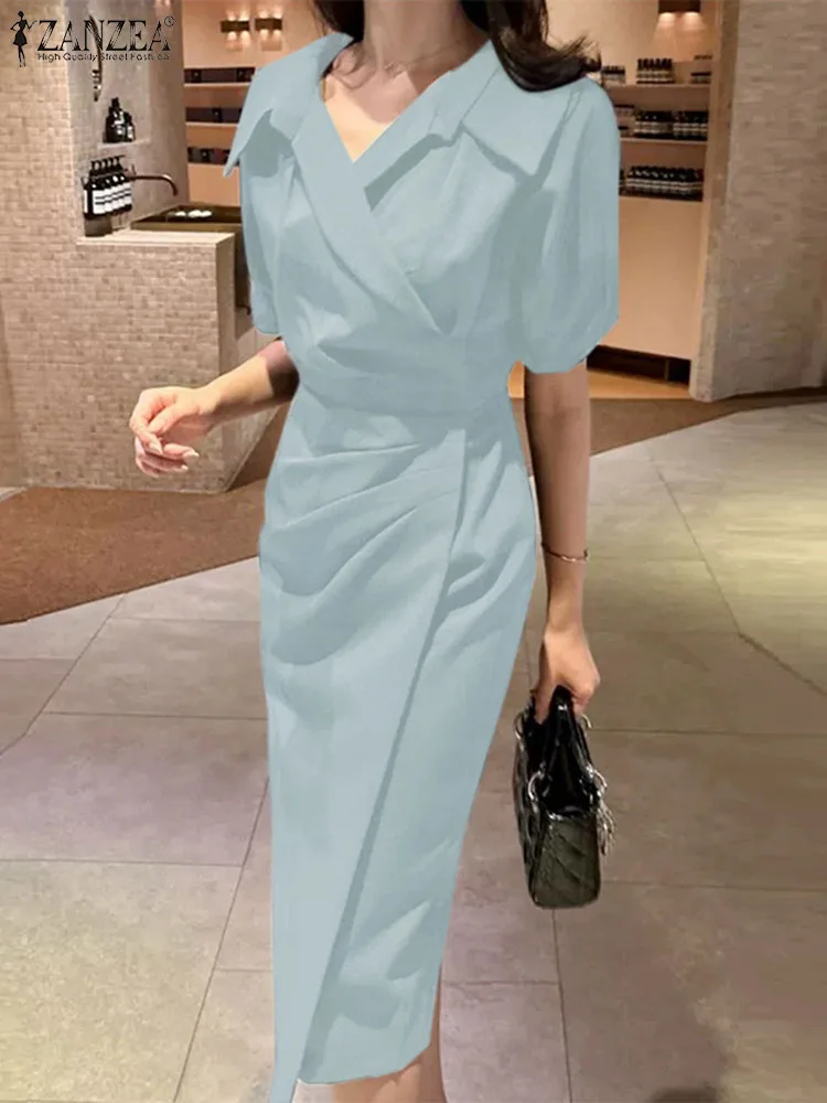 

ZANZEA Summer Elegant OL Work Dress Women Fashion Midi Sundress Casual Lapel Neck Half Sleeve Solid Party Shirt Vestido Kaftan