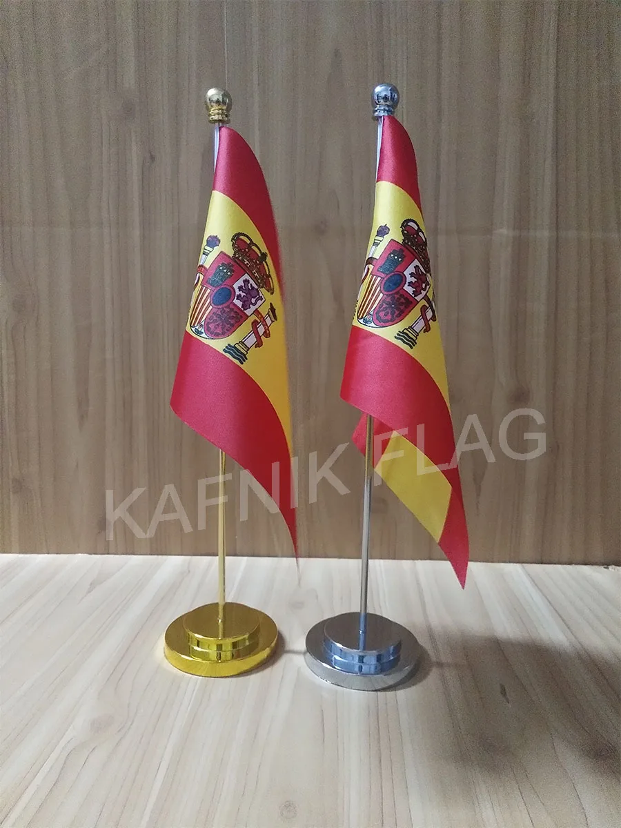 KAFNIK, Spanien Bürotisch-Schreibtischflagge mit Gold- oder Silbermetall-Fahnenmastbasis, 14 x 21 cm, Länderflagge