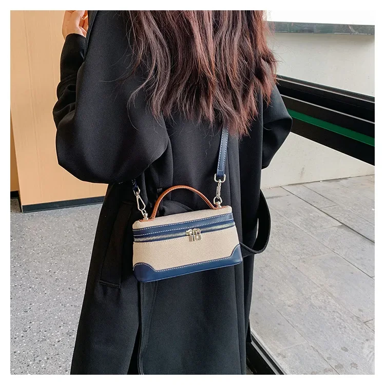 retro canvas handbag for women,women’s summer crossbody bag,contrast color casual handbag,small square canvas shoulder bag,casual women’s sling bag,retro fashion canvas purse,lightweight canvas handbag