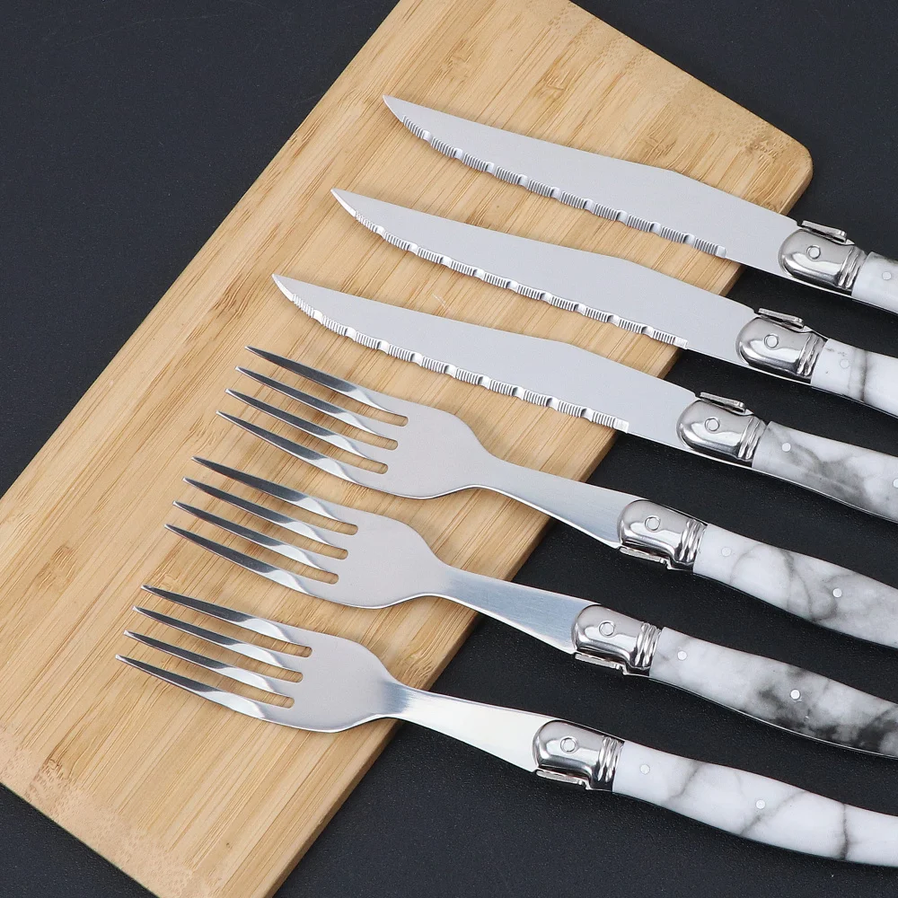 스테인레스 스틸 커트레이 세트, 화이트 마블링 플랫웨어, 모조 대리석 테이블 포크 선물 세트, 스테이크 나이프 주방용 식기류