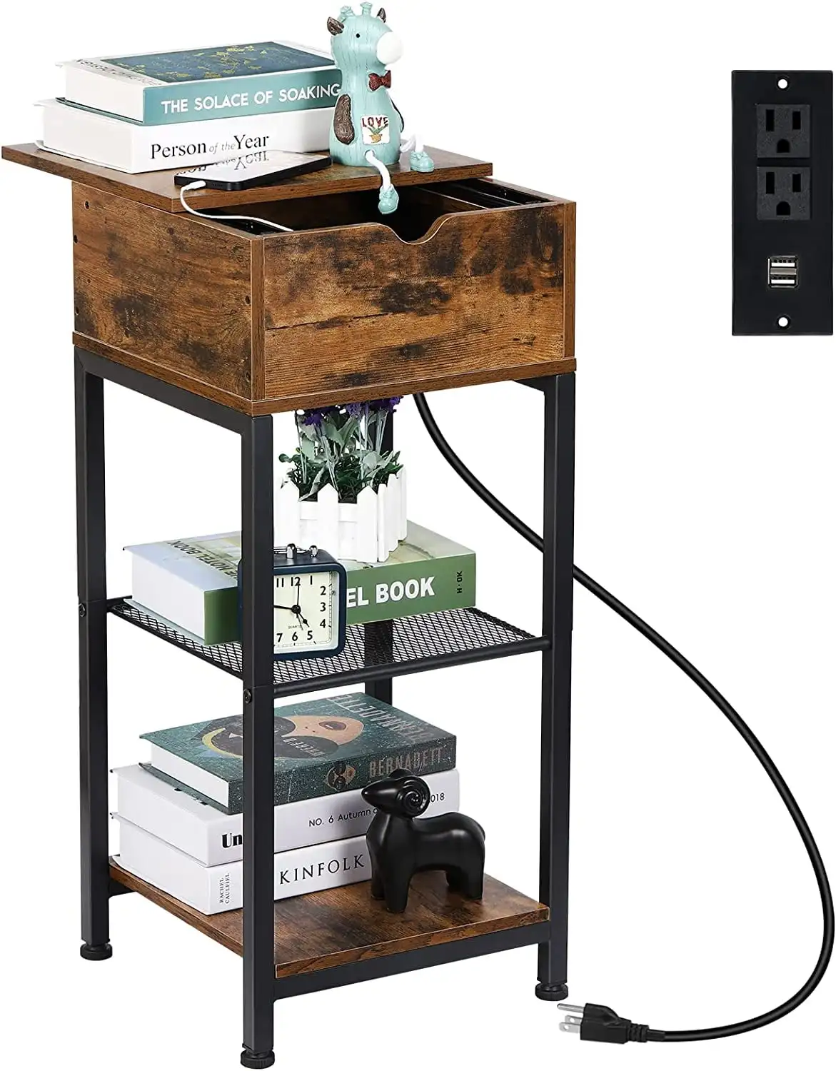

3 Layers Small End Table and Drawer in Rustic Burnt Wood with Build-In Fast Charging Station with USB Ports
