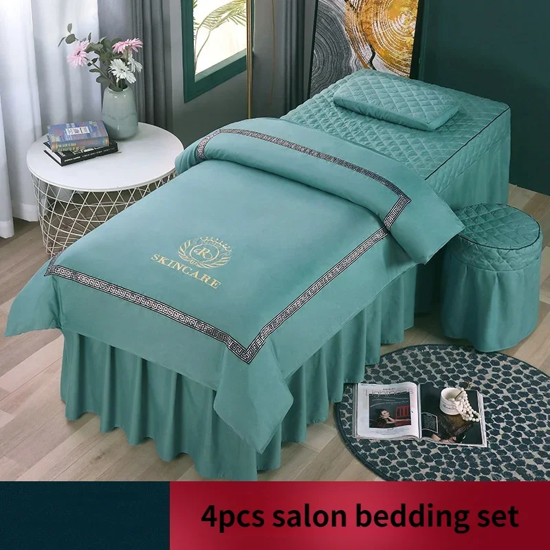 4pcs Beauty Salon Bedding Sets Massage Spa Bedskirt, Pillowcase, StoolCover, Dulvet Cover Beauty Bed Covers Sets