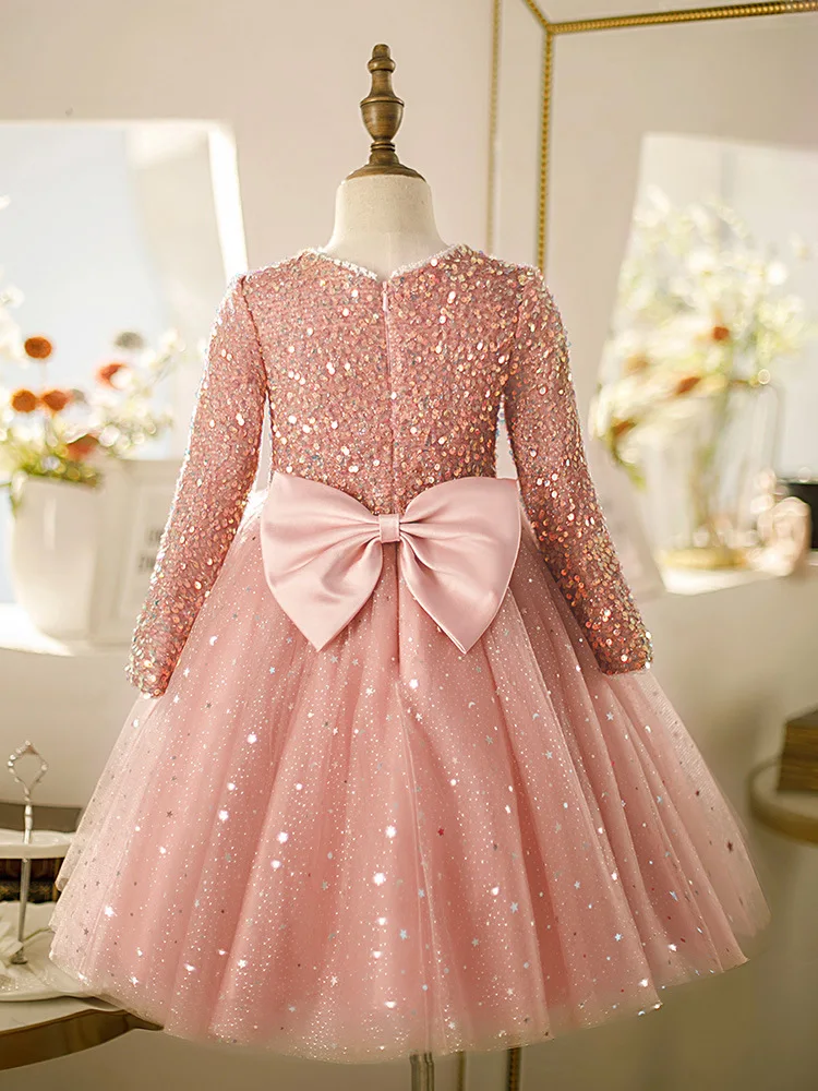 Sequin Flower Girl Dress For Wedding Princess Shining Pink Tulle Puffy With Bow Cute Kids Baby Birthday Party Dress Ball Gown