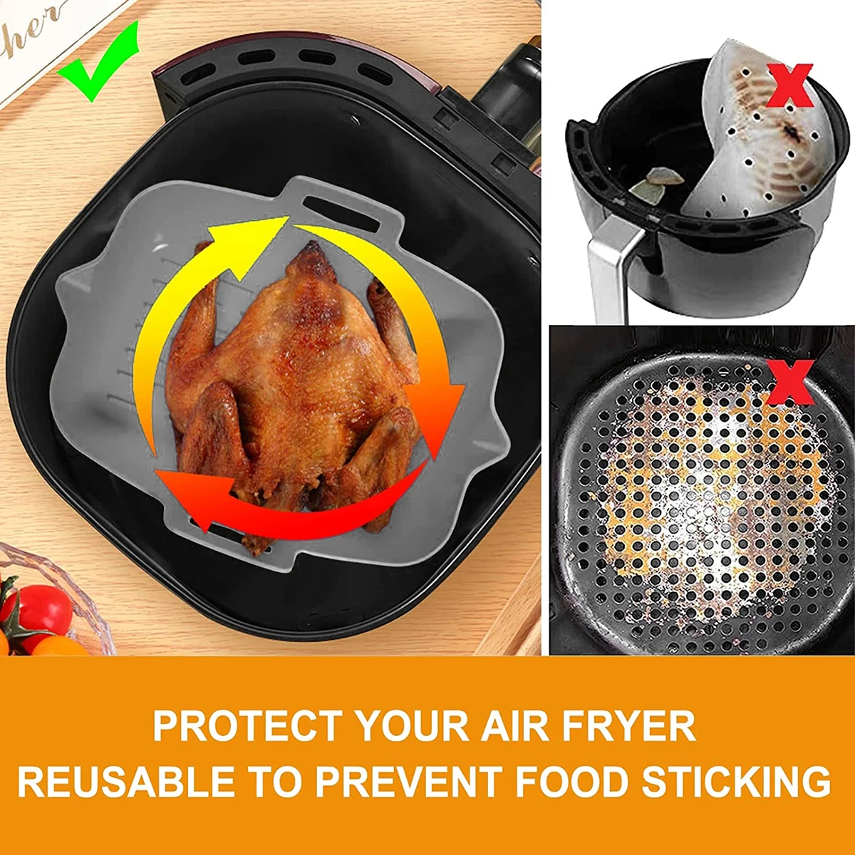 2Pcs Air Fryer Silicone Pot Liners 7.5 inch Hot Air Fryer Accessories Airfryer Baking Mould Reusable Non-Stick Square Tray