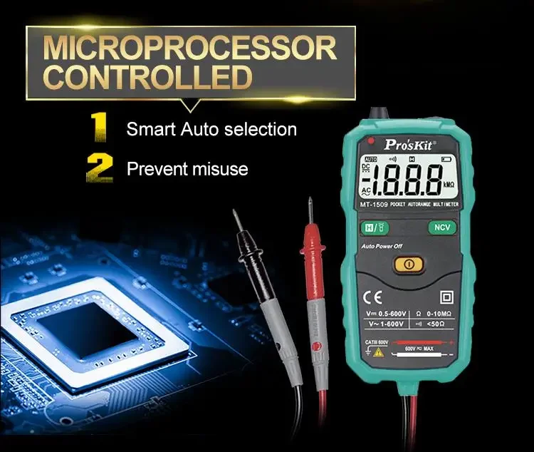 Pro'sKit MT-1509/MT-1510 Autorange Multimeter Non-contact ACV detector LED flashlight CE EN61010-1 CATIII 600V