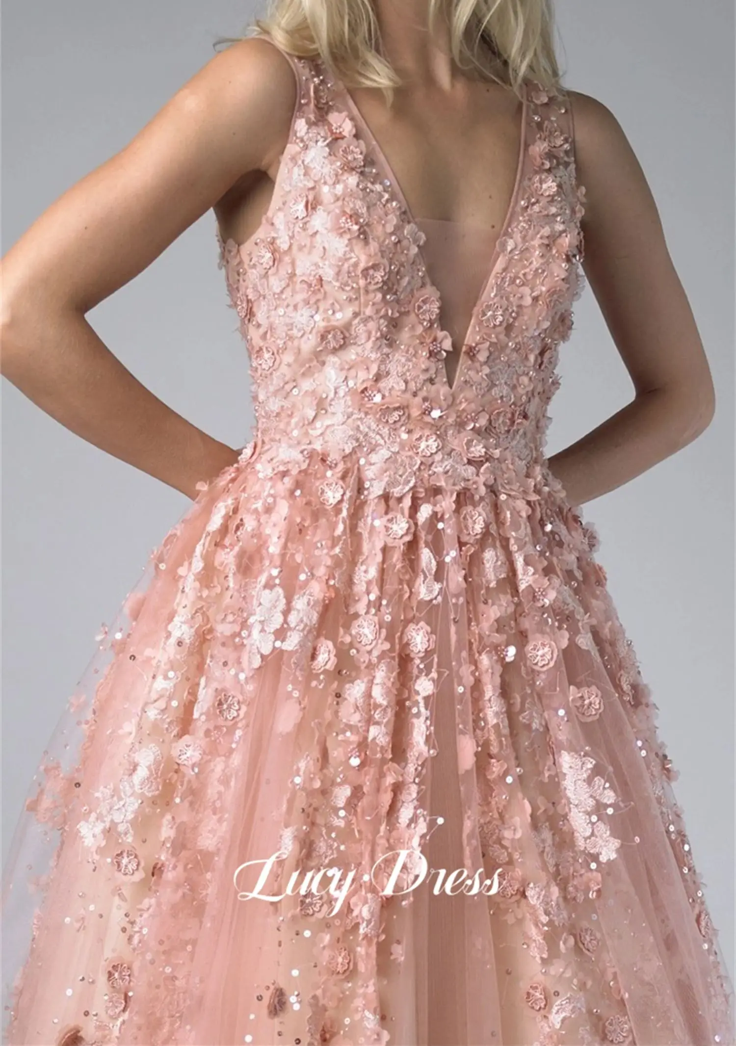 Lucy Line A 3D Flower Decoration Pink Party Dress Birthday V-neck Prom Women 2024 Elegant Dresses Evening Luxury Formal Gown