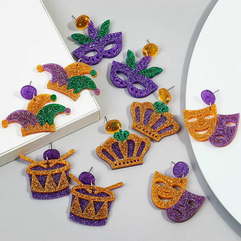 Glitter Acrylic Mask Crown Drop Earring For Women