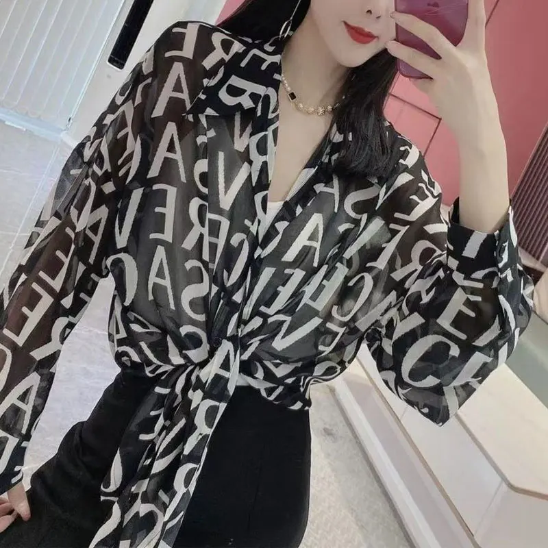 Commute Korean Bandage Blouse Female Clothing Single-breasted Spring Summer Thin Loose Turn-down Collar Fashion Letter Shirt New