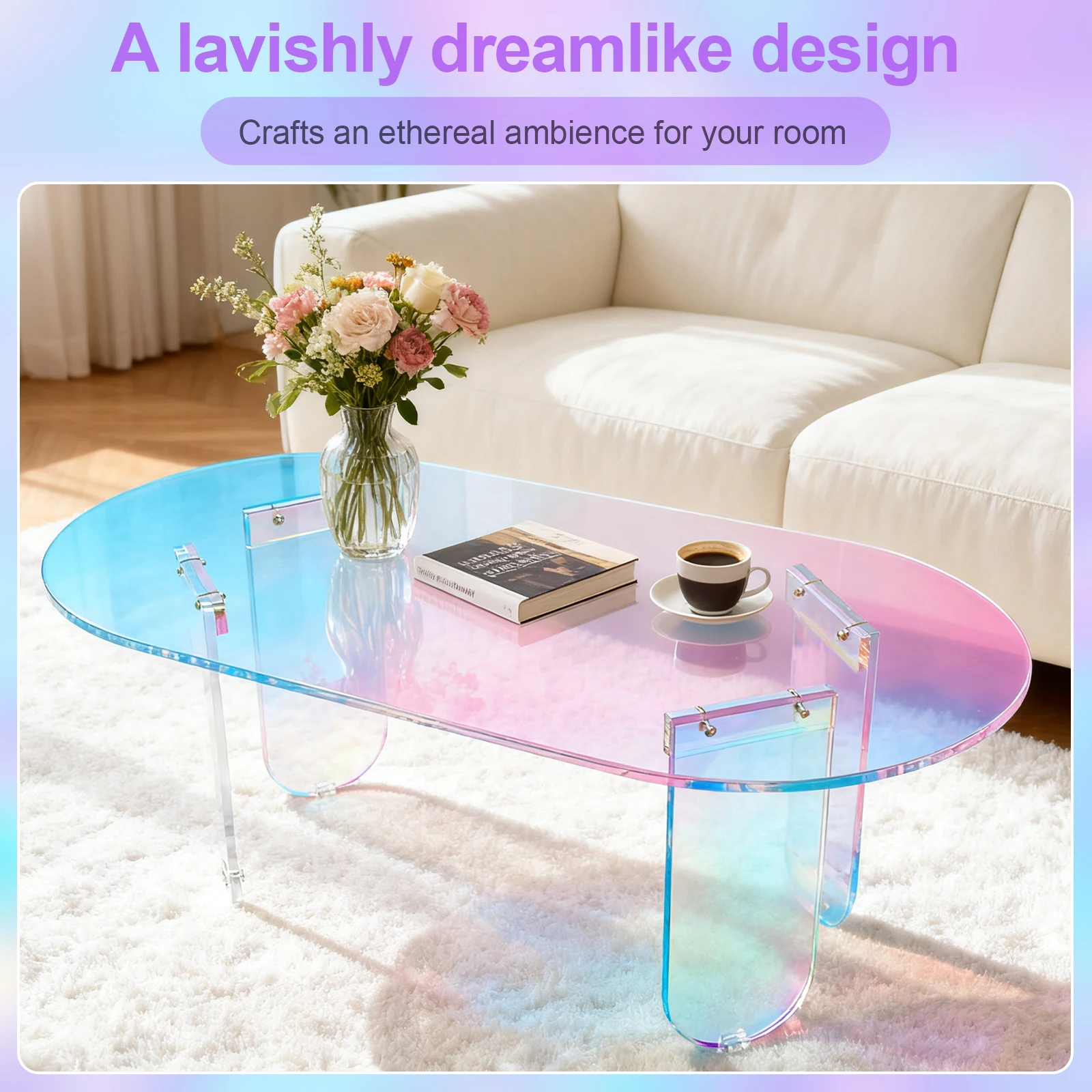 Round Square Acrylic Coffee Table Modern Accent Acrylic End Table Easy Assemble Clear Coffee Table Iridescent Bedroom and Office