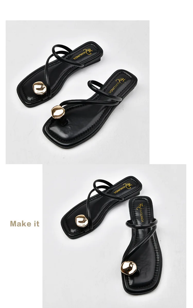 Damen Sandalen Schmal band Mode Metall dekoration Low Heel Slip auf Sommer weibliche Slipper elegante Rutschen Outdoor Beach Flip Flop – Detail 13