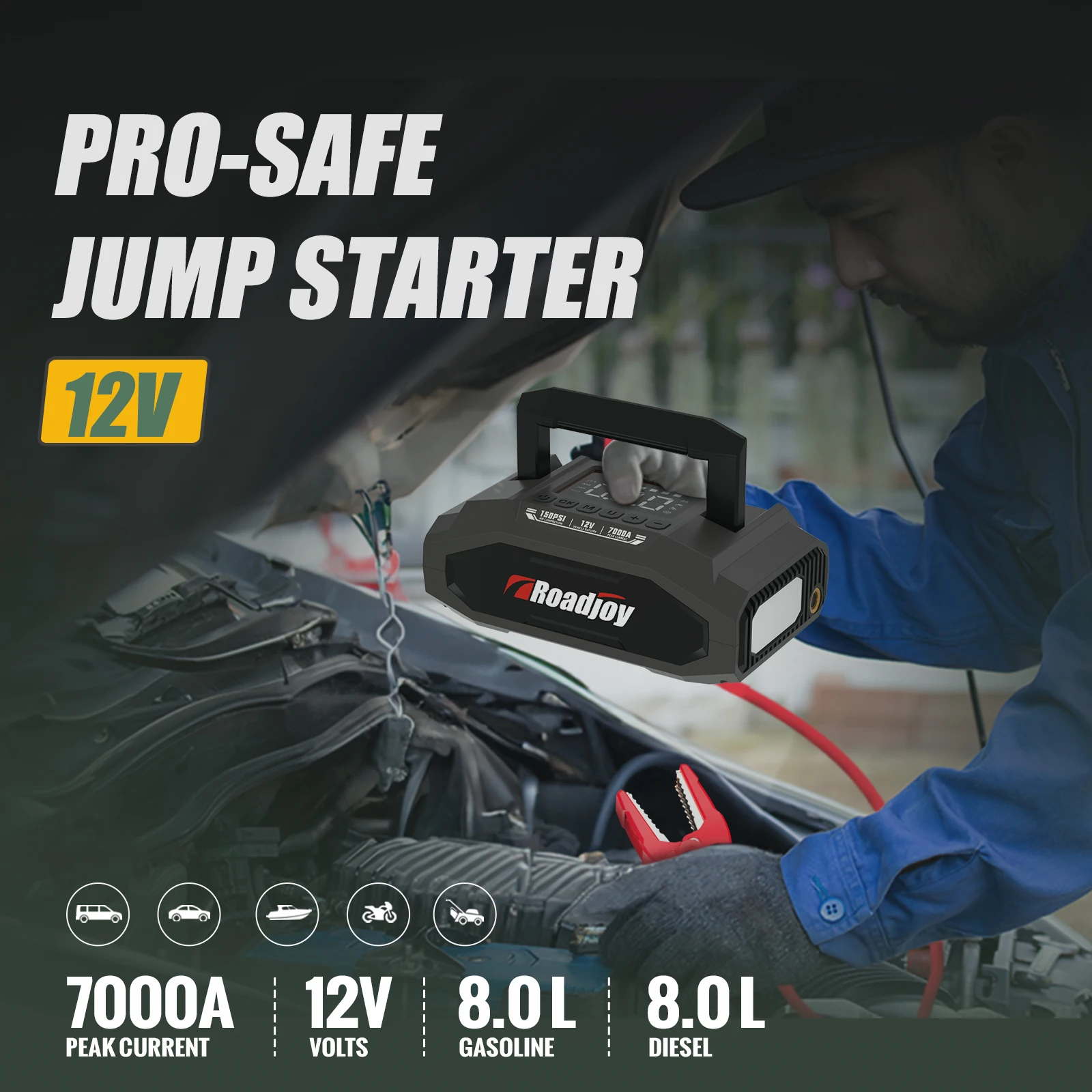 Roadjoy Car Jump Starter Compressore d'aria 5000A/7000A Caricabatteria Power Bank di emergenza Booster per 12V Benzina e Diesel - immagine 4