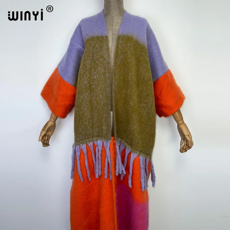 WINYI-강한 비주얼 대비 컬러 술 럭셔리 롱 모피 코트 여성용, 루즈핏 오버코트, 두꺼운, 따뜻한, 겨울