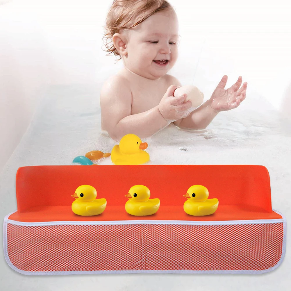Bathtub Splash Guard Silicone Baby Bath Toy Storage Rack 4 Mesh Pockets Tub Shelf Toy Organizer Shelf for Toddlers Kids Baby