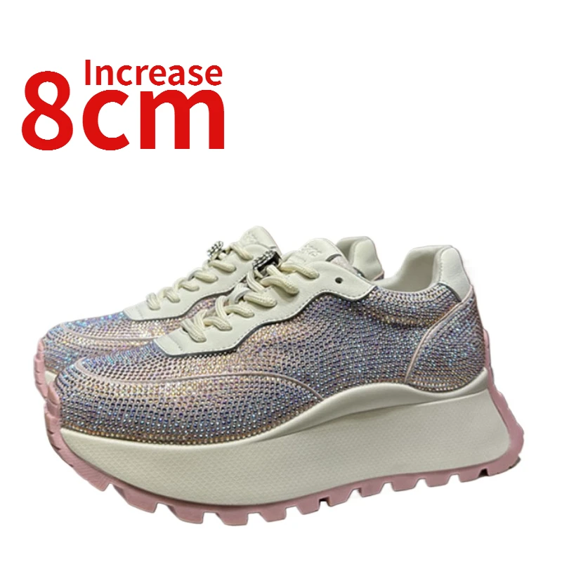 

European/American Invisible Height Increased 8cm Casual Shoes for Women's Genuine Leather Increasing Shoes Rhinestone Dad's Shoe