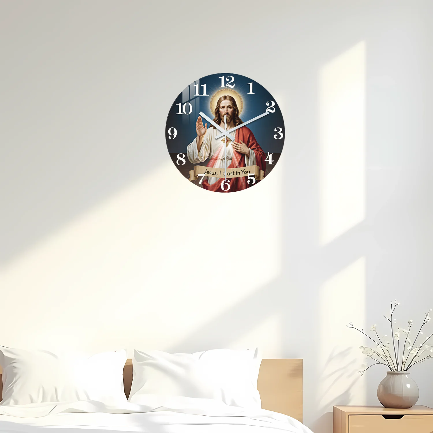 Sacred Heart Deep Blue Wooden Wall Clock - Silent and Stylish Home Décor