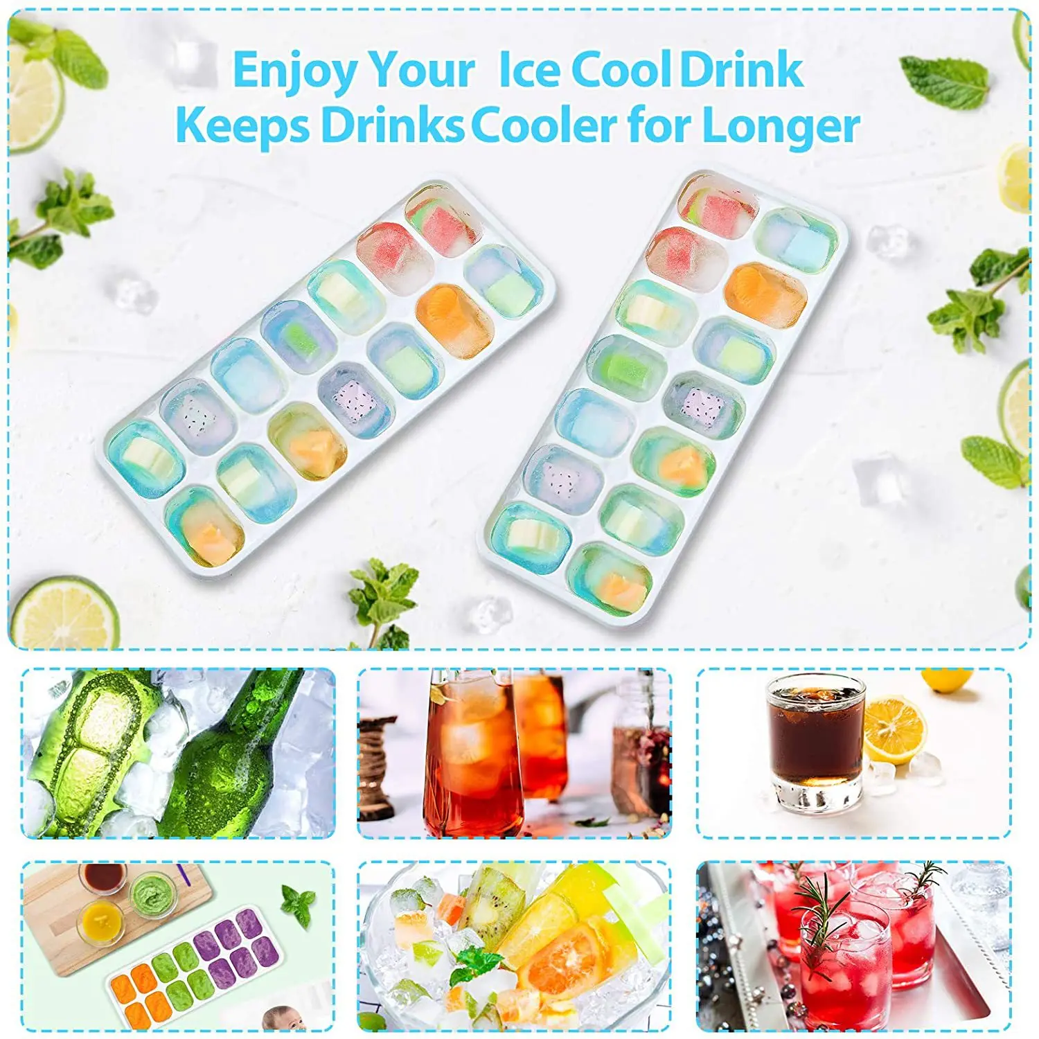  Silicone Ice Cube Tray, Jrisbo 4 Pack Easy-Release & Flexible  14-Ice Cube Trays with Spill-Resistant Removable Lid, Stackable Ice Trays  with Covers for Freezer, Cocktail (Green): Home & Kitchen