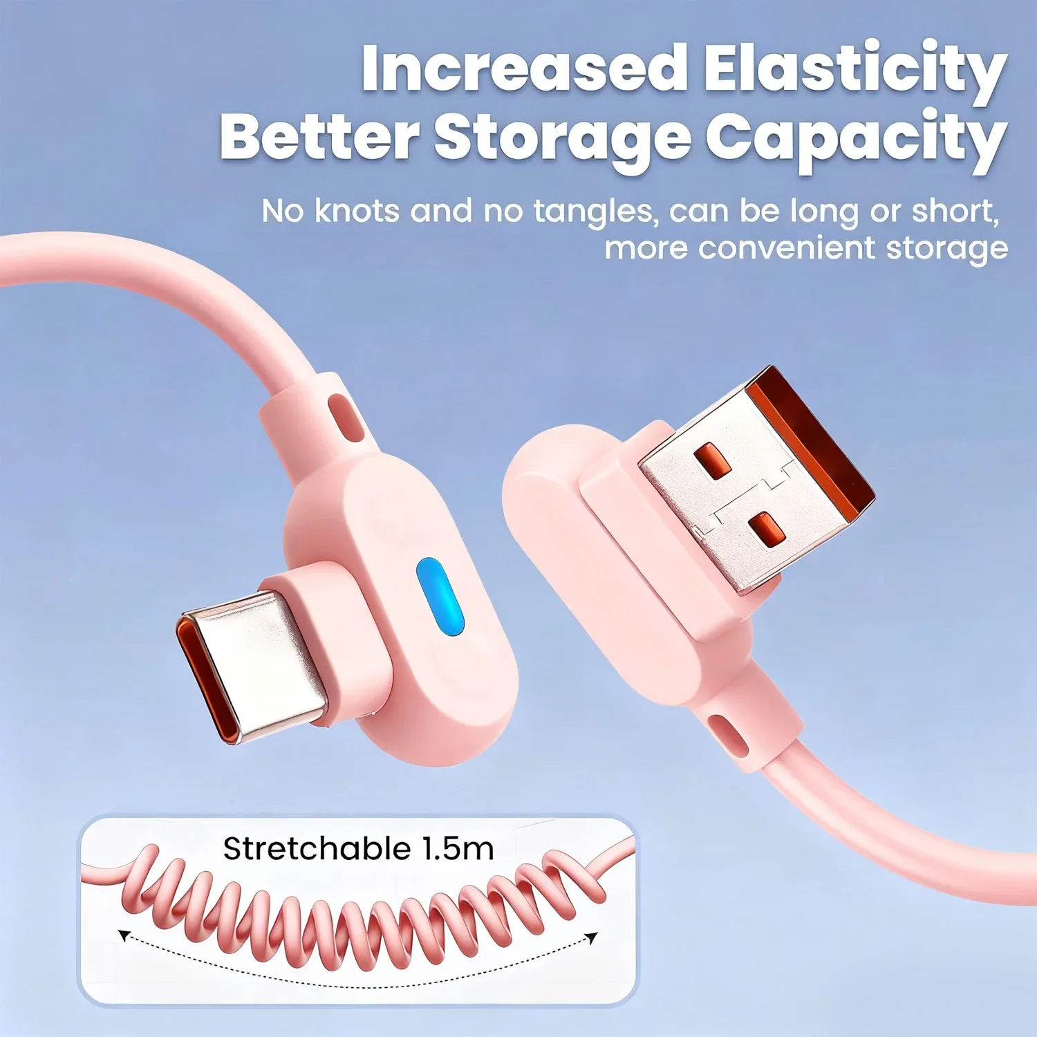 USB To Type-C Cable 120W Quick Charging Data Line 90° Coiled USB A To Type C Retractable Wire for Carplay Huawei Mi Color Cord