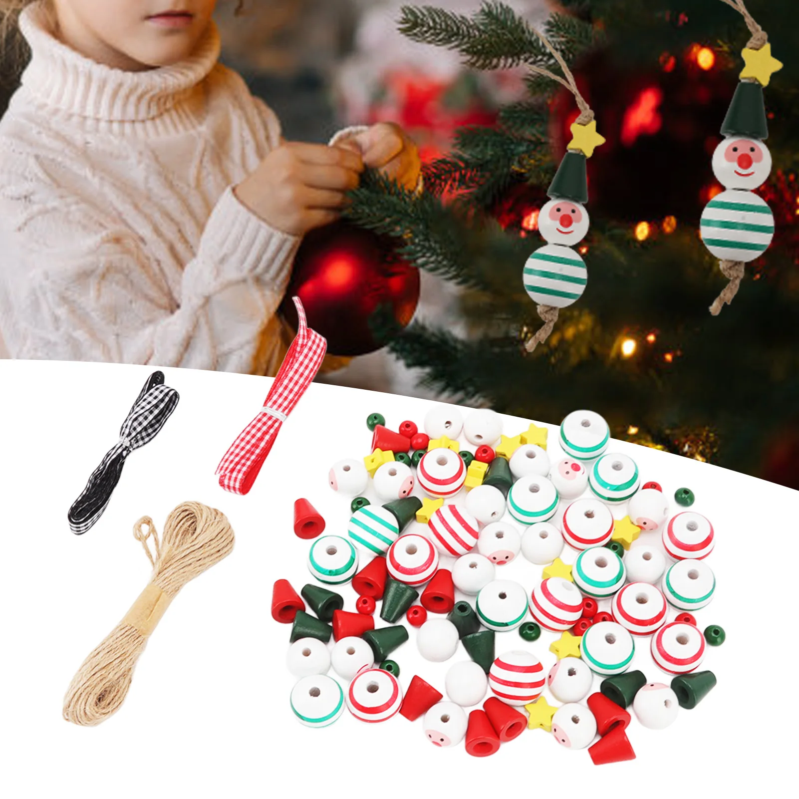 

Christmas Snowman Plaid Wooden Beads Kit Round Spacer Wood Bead for DIY Handmade Craft Schima Christmas Party Decor Supplies