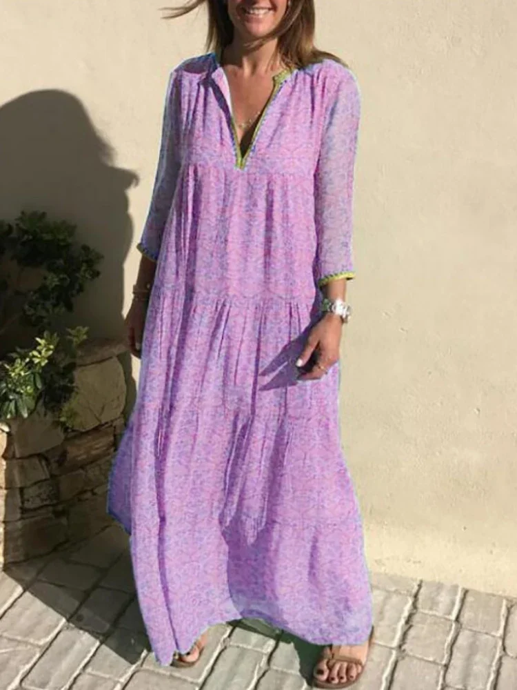 

Fashion V Neck Boho Long Dress Women Vintage Printed Loose Party Dresses Summer Casual Long Sleeve Beach Dress Vestidos