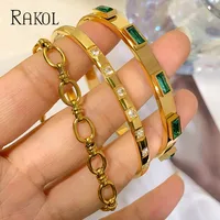 Luxury Gold Plated Stainless Steel Cuff Bracelet For Women Men Green Cubic Zircon Couple Bangle Waterproof Fashion Jewelry Gift 1
