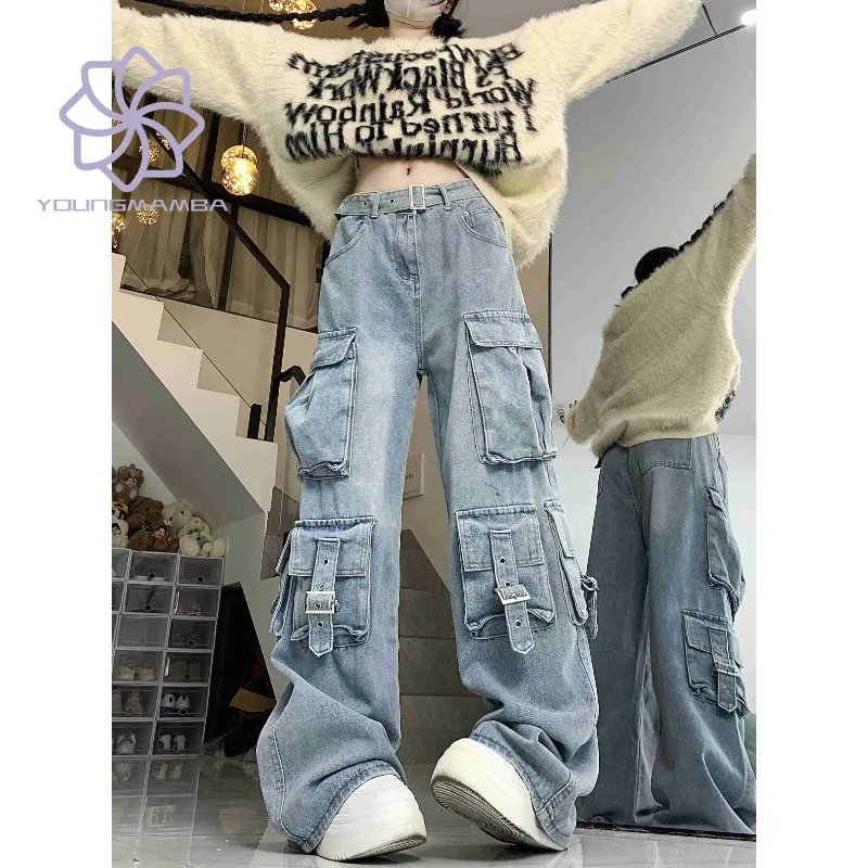 

High Street Korean Style Fashion Jeans Women 2023 Autumn New Pocket High Waist Loose Straight Wide Leg Denim Trouser