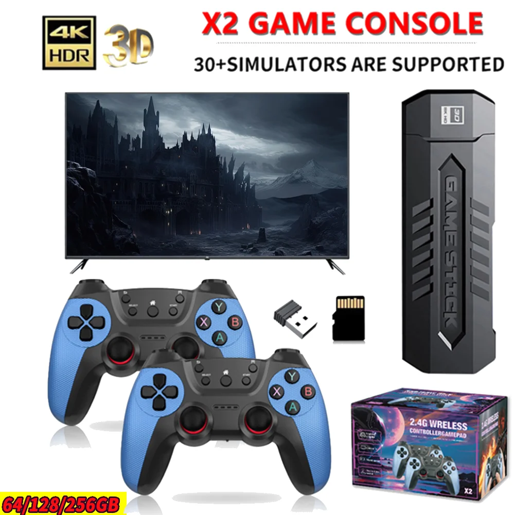 64/128/256GB Wireless Retro Game Console 4K HD Retro Video Game Console Dual 2.4G Wireless Controller for TV Computer Projector