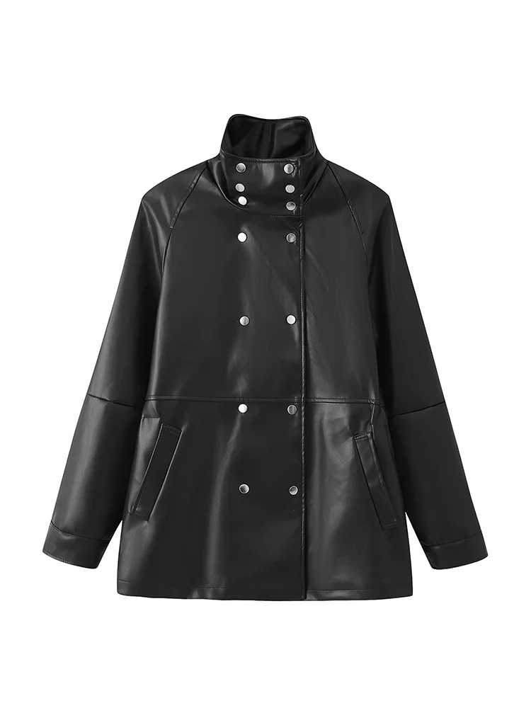 Women Vintage Faux Leather Jackets Double Breasted Stand Collar Slim PU Coats Autumn Winter Fashion High Street Jackets