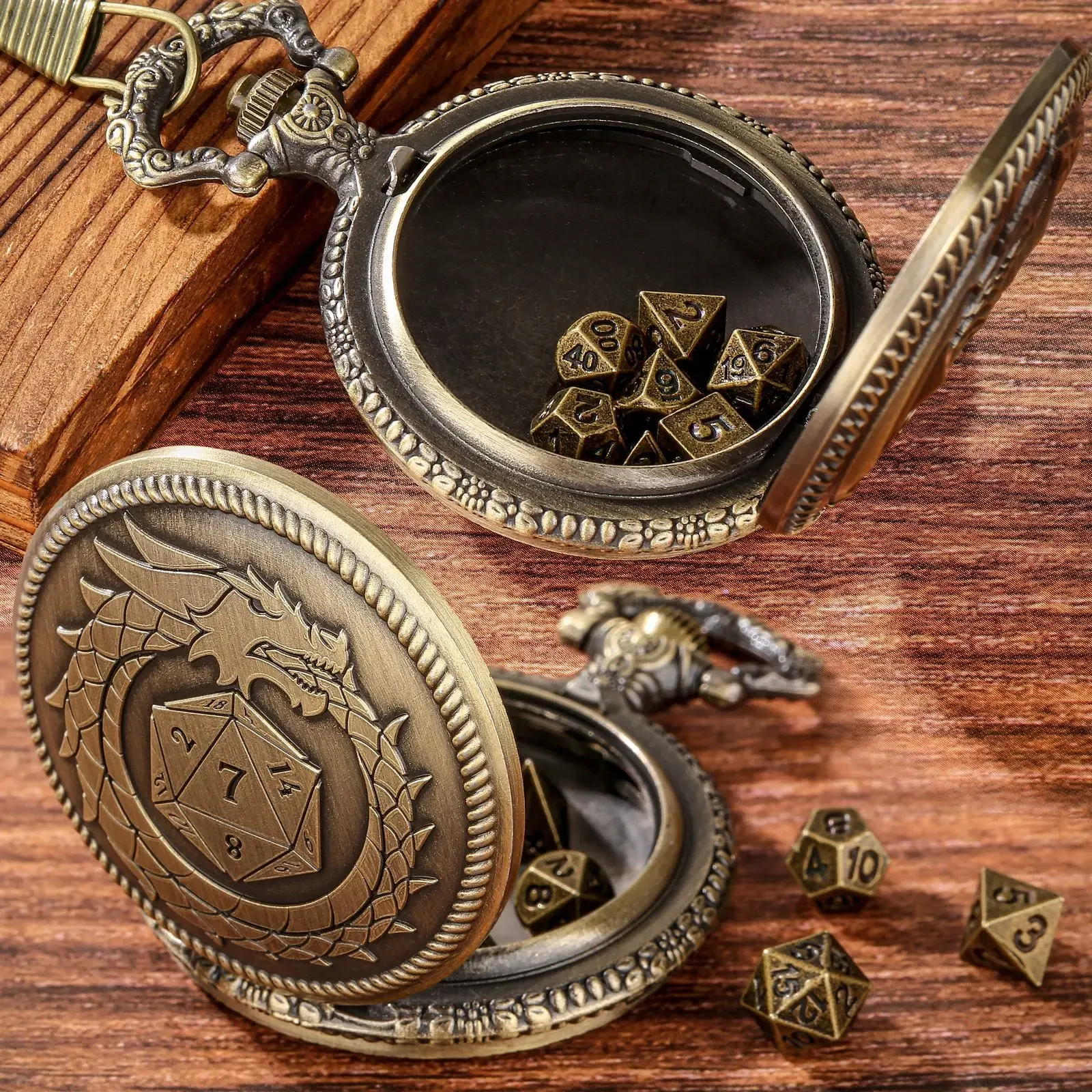 Dragon-Themed Retro Pocket Watch Case with 7-Piece Metal Polyhedral Dice Set