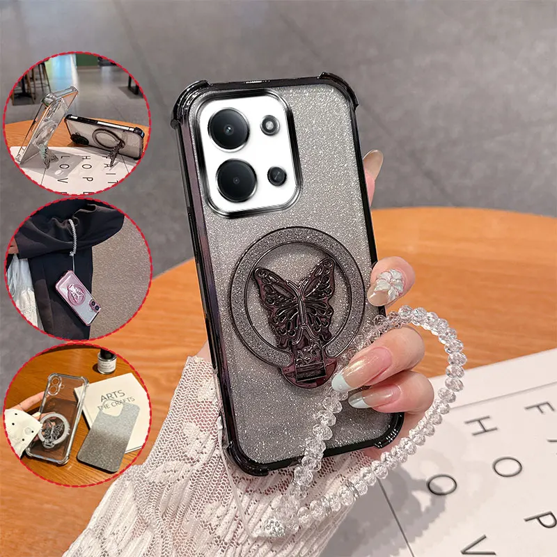 Glitter Butterfly Shockproof Phone Case with Stand and Crystal Lanyard