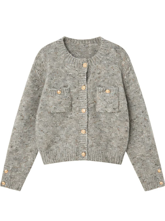 망고 그레이 니트 오픈 가디건 스웨터 여성용 봄 가을 아우터웨어 여성스러운 하이 칼라 탑 라운드 넥 프린트 캐주얼 웨어