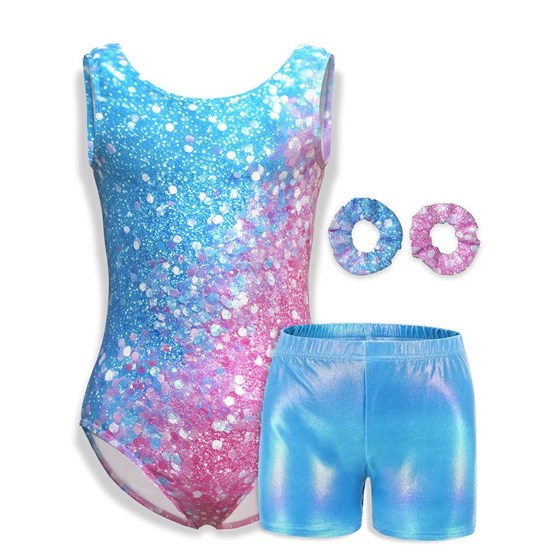 Gymnastics Leotards for Girls Glitter Fashion Print Sleeveless Tank Biketards Activewear with Shorts and Headband children dance leotards gymnastics dancewear sets