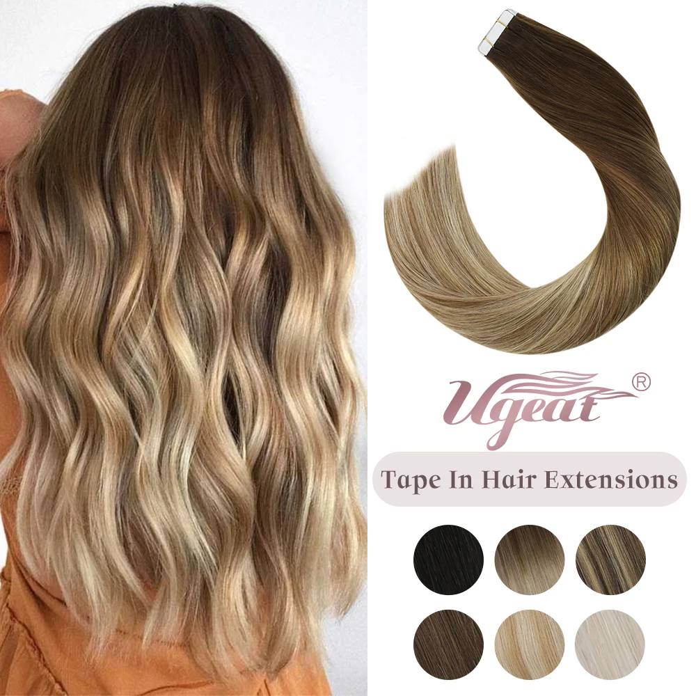 Ugeat Tape In Human Hair Extensions Blonde Silky Straight Remy Hair Double Weft Adhesive Extensions For Women For Braids