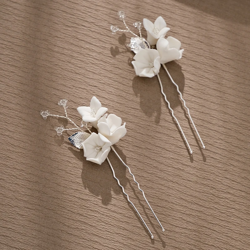 2PCS U-shaped Ceramic Flowers Hairpin Hair Accessories White Ceramic Flowers Updos Hair Pins for Bride Bridesmaids Flower Girls