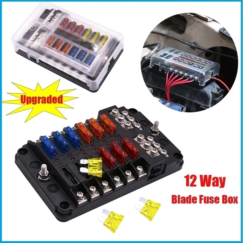 12 Way Blade Fuse Box Holder Standard Circuit Fuse Holder Box Block with LED Light Indication Protection Cover