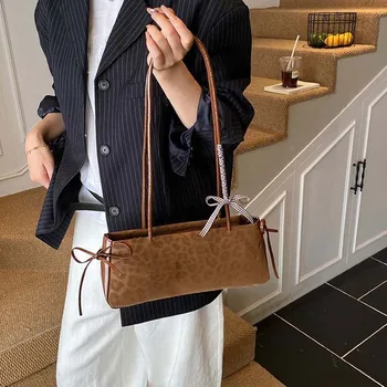 Shopping Sweet French Stick Handbag Bow Ribbon Korean Style Leopard Print Underarm Bags Waterproof Texture PU Shoulder Bag Women 1