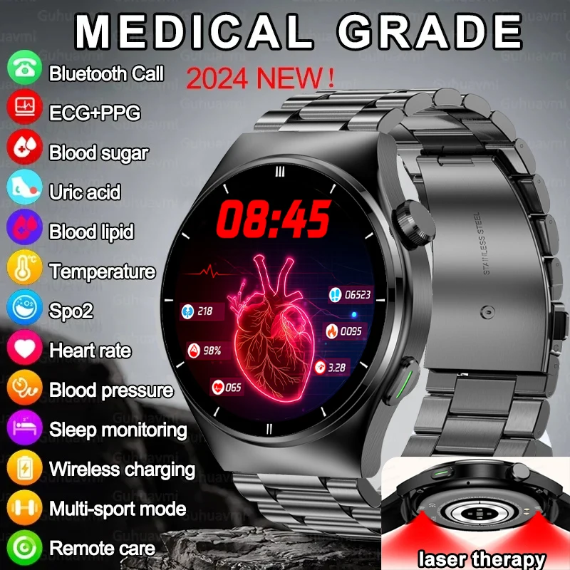 2024 New Three Highs Treatment Smart Watch Men Non Invasivo Blood Sugar Blood Lipid Acido Urico Bluetooth Call Health Smartwatch