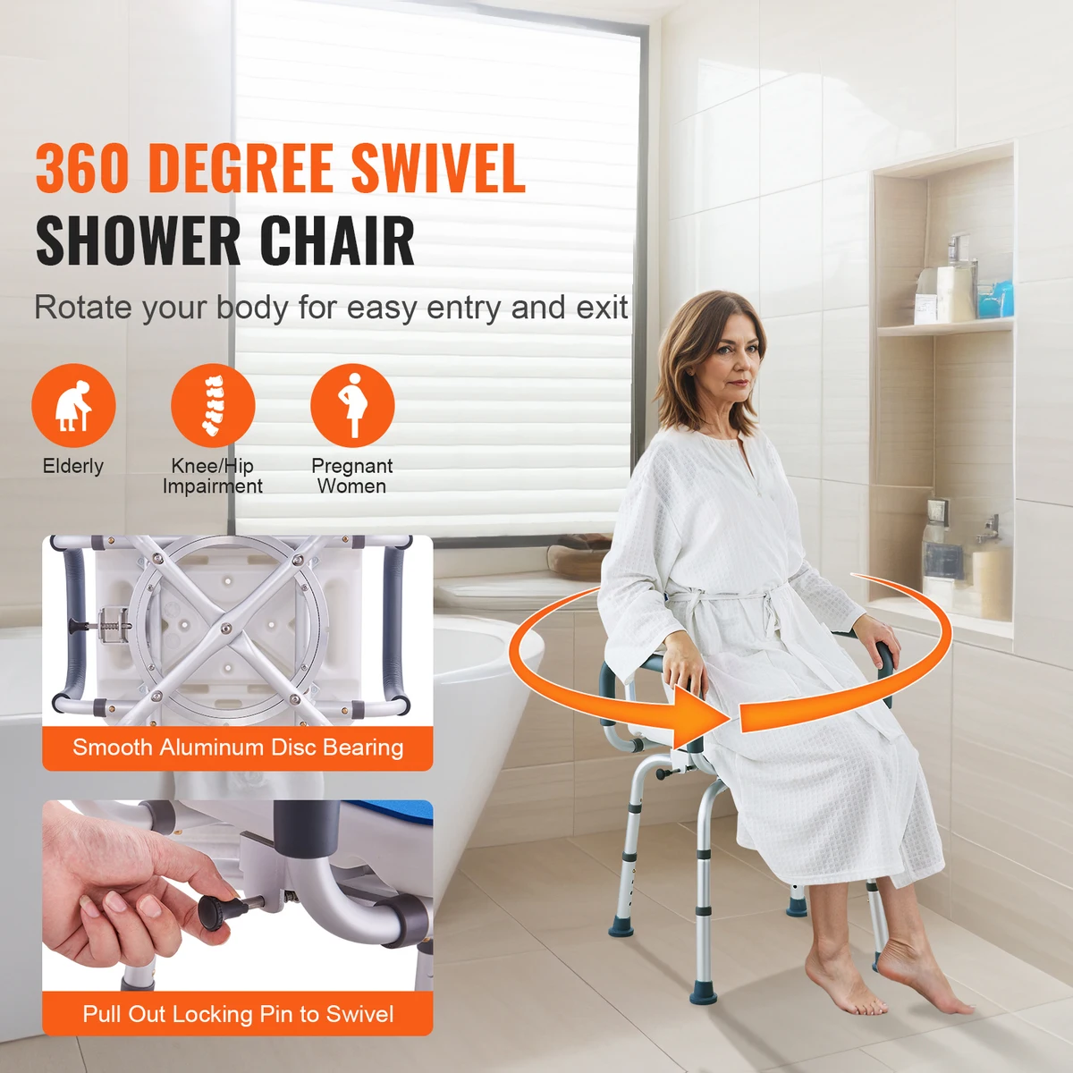 SucceBuy Swivel Shower Chair 360 Degree Adjustable with Armrest and Backrest for Shower or Bathtub Non-Slip for Disabled Elderly — view 2