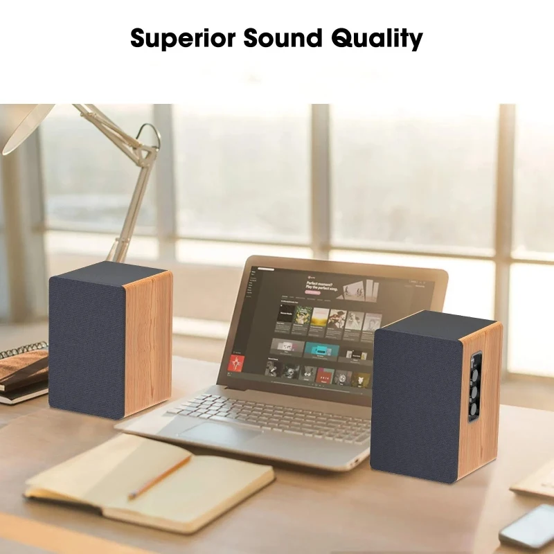 TWO-Way Bookshelf Speakers Wireless Bluetooth Input Wooden Hi-fi Home Theater Subwoofer Speakers 80W Peak High Power Bass Audio