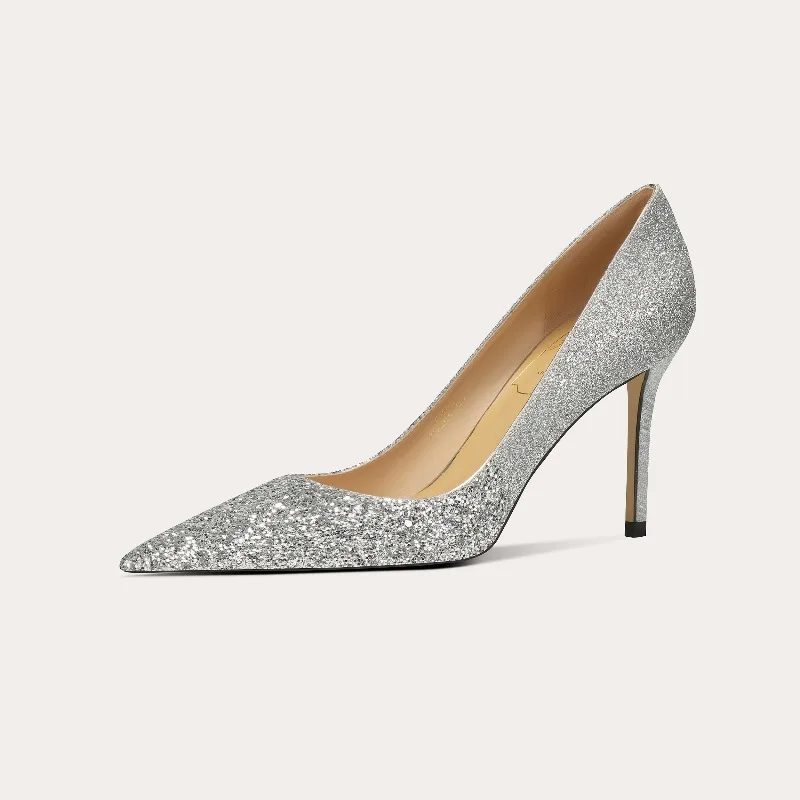 

FHANCHU Sheepskin Leather Women Pumps,Bride Wedding Shoes,High Heels,Pointed Toe ,Shallow Out,Slip On,Champagne,Silver,Dropship