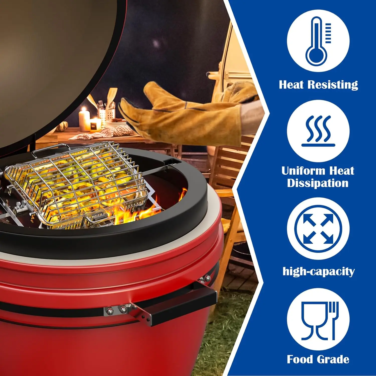 Kit for Kamado Joe JoeTisserie KJ155172022 Grill Accessories, Grill Flat and Tumbler Basket with Quick Connect Rod for Kamado Cl 3