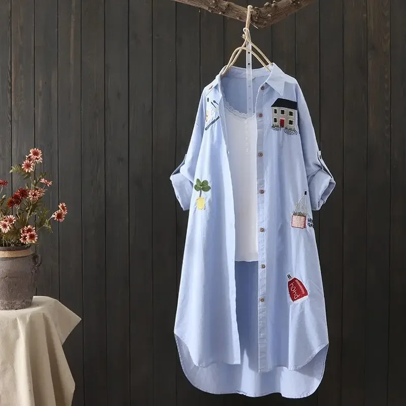 Spring New Embroidery Loose Mid Length Blouse Long Sleeve Polo Neck Solid Plus Size Shirt Tops Fashion Casual Women Clothing