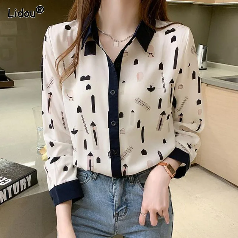 Korean Three-dimensional Decoration Blended Polo-Neck Anime Thin Women Shirt Single Breasted Spring Summer Women's Clothing New