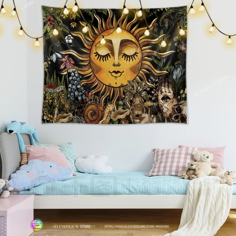 Brennende Sonne, Vintage-Blumenpflanzen und Blätter, mystische Hippie-Schnecke und Totenkopf-Hippie-Wandteppich, Wandbehang für Raumdekoration – Detail 2