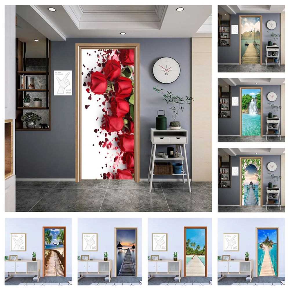

Scattered Roses Romantic Home Decor Wall Stickers Flower Seaside Wooden Bridge Beach Scenery Door Sticker PVC Self Stick Mural