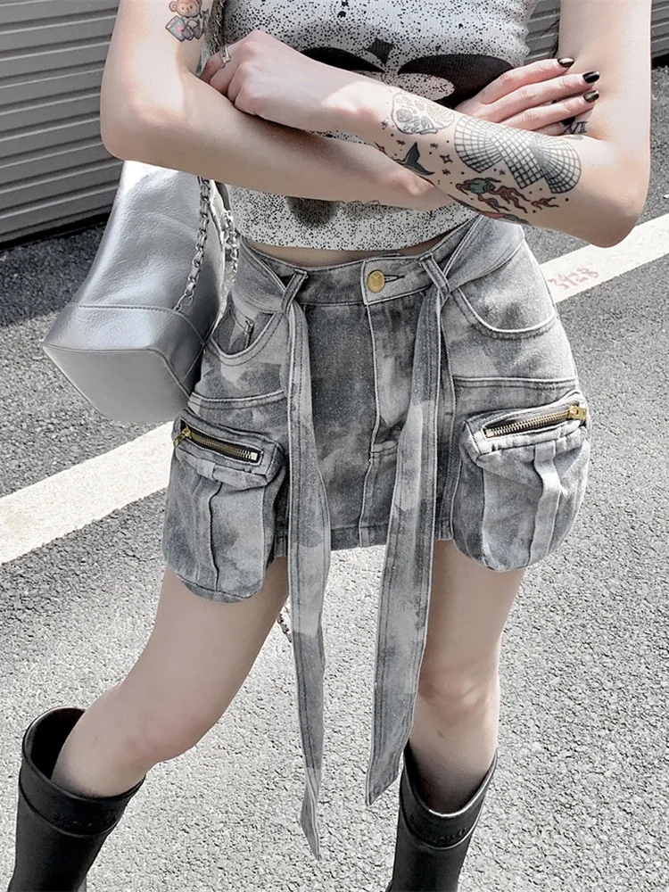 

Fashion Three-dimensional Zipper Pocket Skirt Camouflage Low Waist Mini Denim Skirts With Belt Summer 2023 New